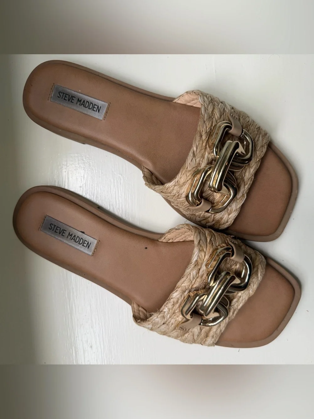 Steve Madden Tan Braided Slide Sandals with Gold Bit
